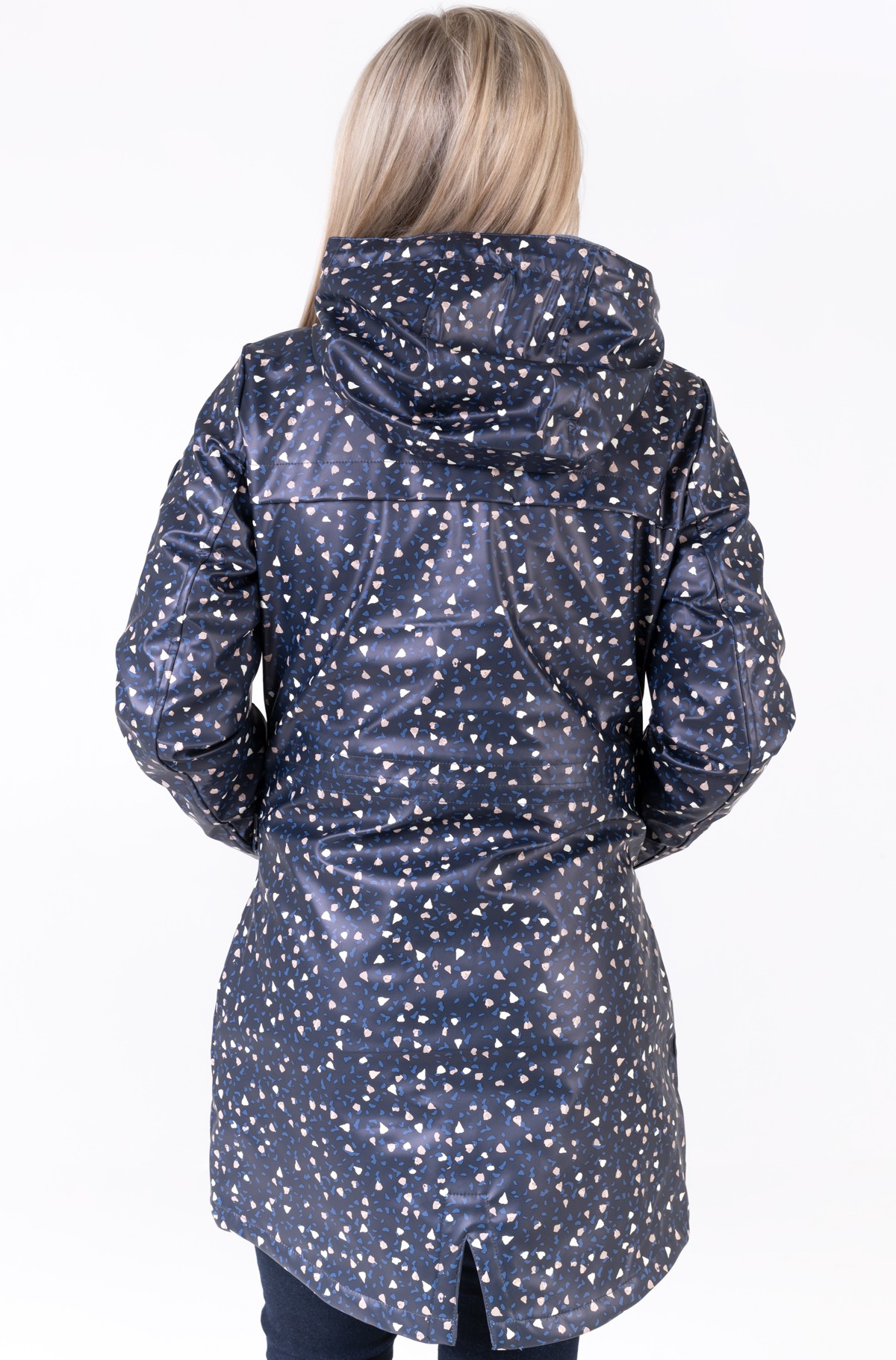 navy floral raincoat