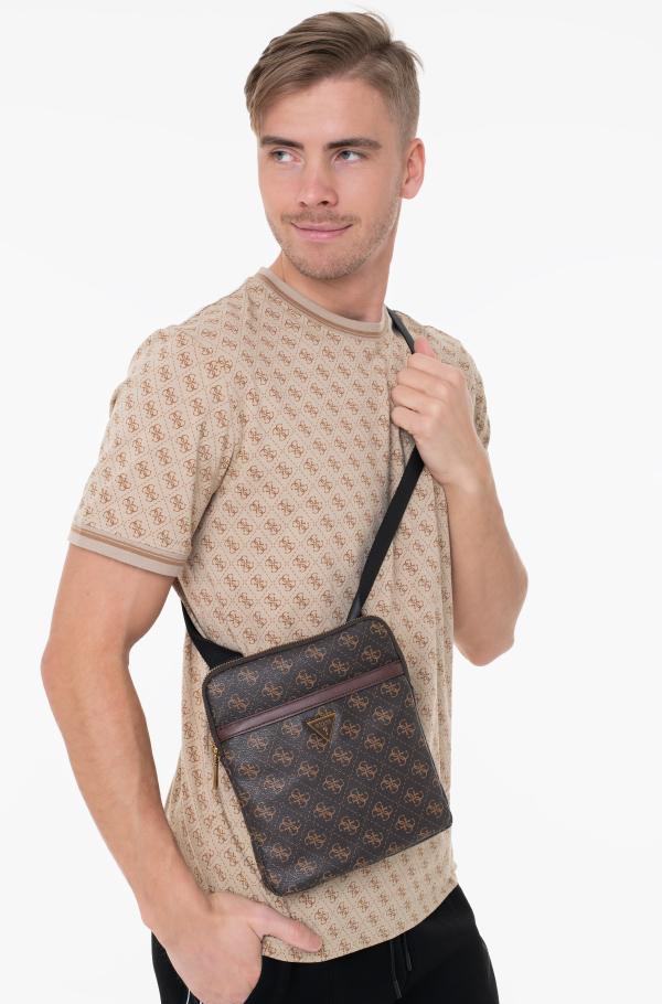 GUESS Men's Shoulder Strap Crossbody Bag - Brown PU Leather, Adjustable Strap, One Size